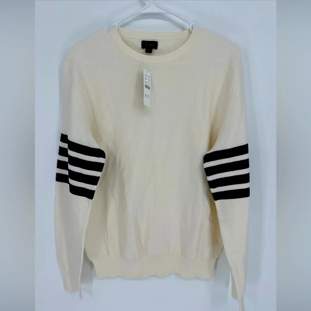 Re-Imagined J Crew -‎ COTTON CREWNECK SWEATER GARTER STITCH IVORY NAVY Medium